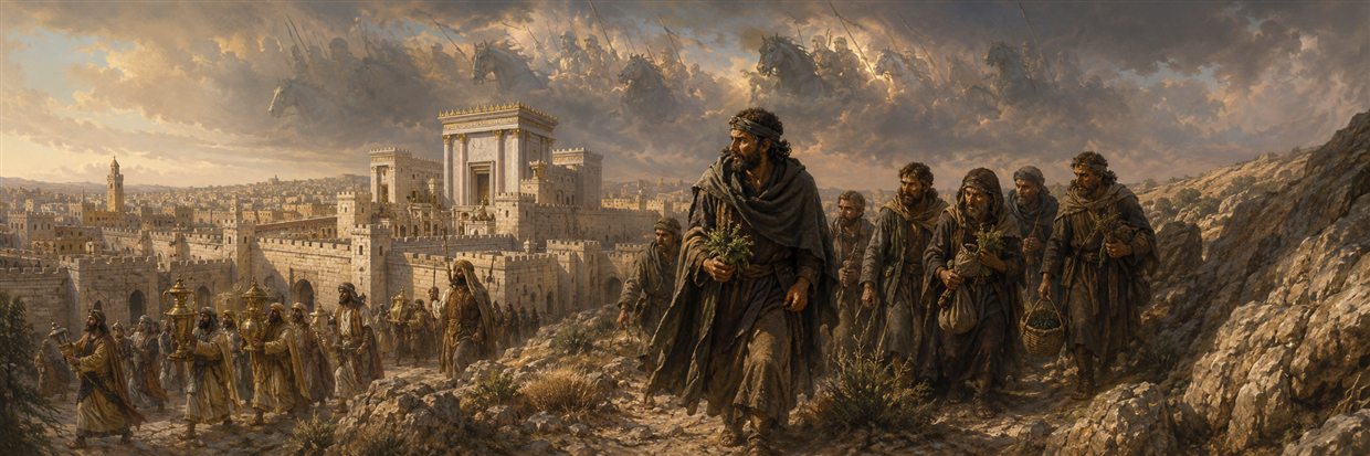 Ominous horse-shaped clouds hang over Jerusalem as temple vessels are seized and Judas guides survivors toward mountain refuge